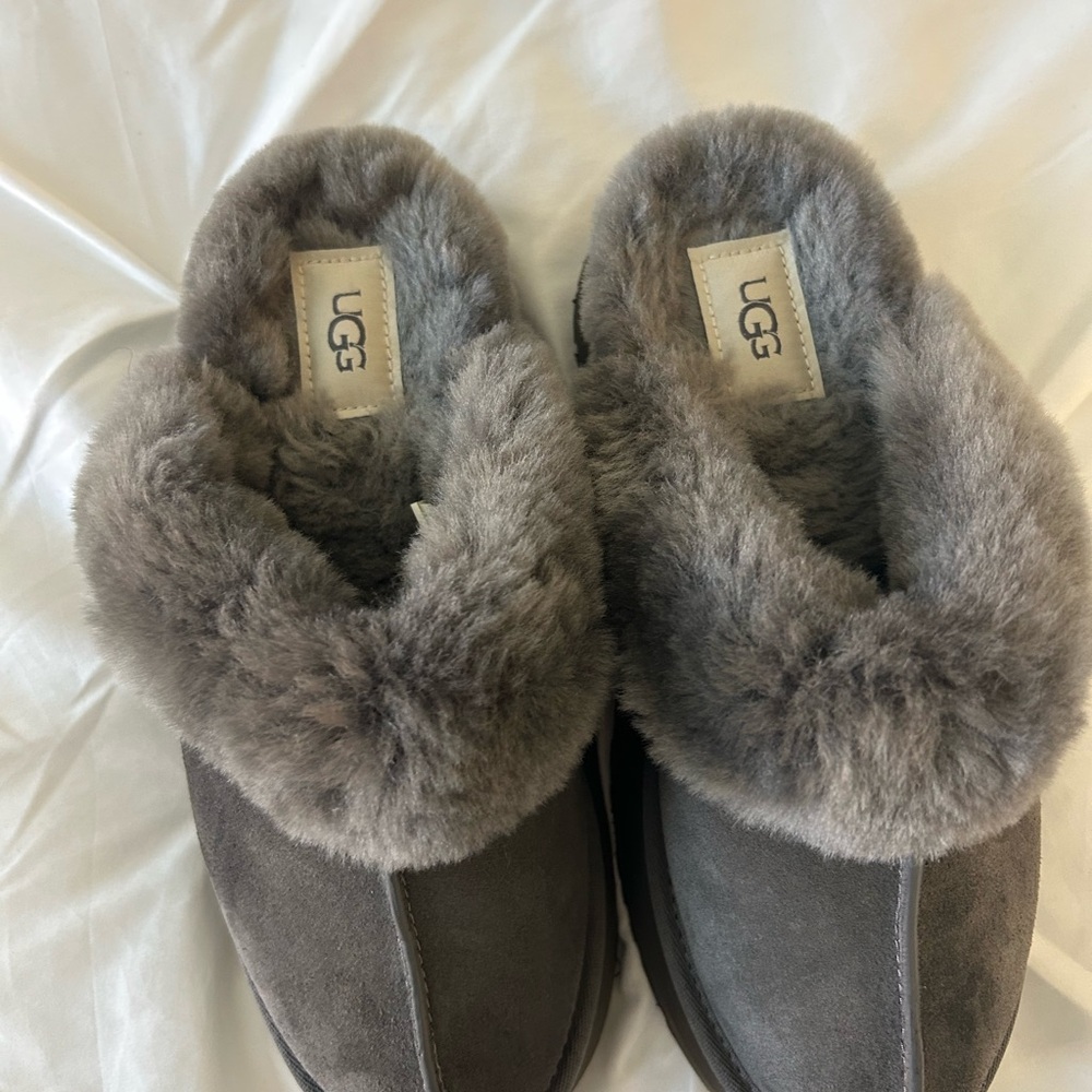 UGG Platform Gray Suede Fur-Lined Slippers - Picture 3 of 9